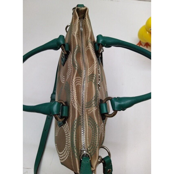 Coach Signature Brown Canvas Teal Leather Trim Zipper Satchel Crossbody Bag - Picture 8 of 14